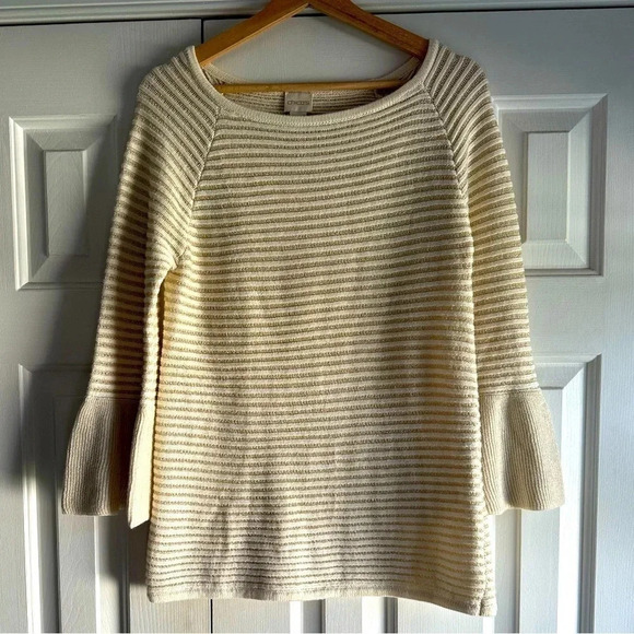 Chico’s Women’s tunic sweater tan, white w/ thin gold thread size 0 - Picture 1 of 5